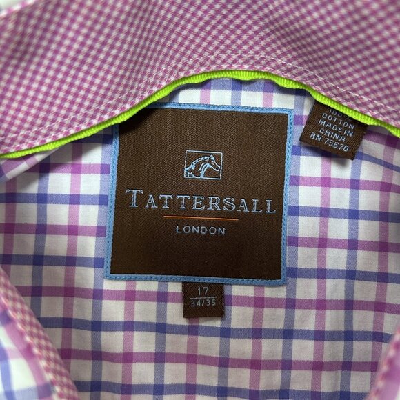 Tattersall London Pink Blue Plaid Check Spread Collar Dress Shirt Size 17 34/35 - Picture 5 of 9